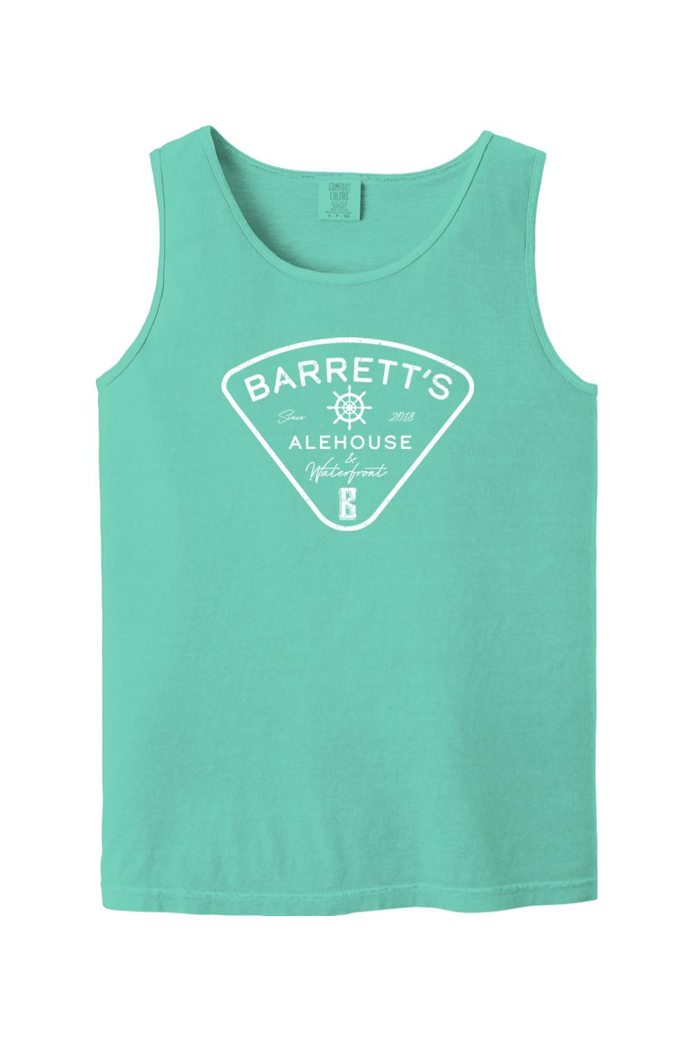 Soft-washed mint green Comfort Colors tank top featuring a white Barrett's Alehouse & Waterfront logo graphic.