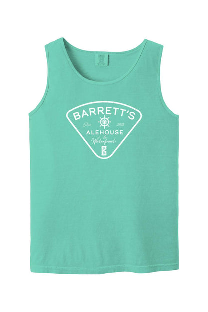 Soft-washed mint green Comfort Colors tank top featuring a white Barrett's Alehouse & Waterfront logo graphic.