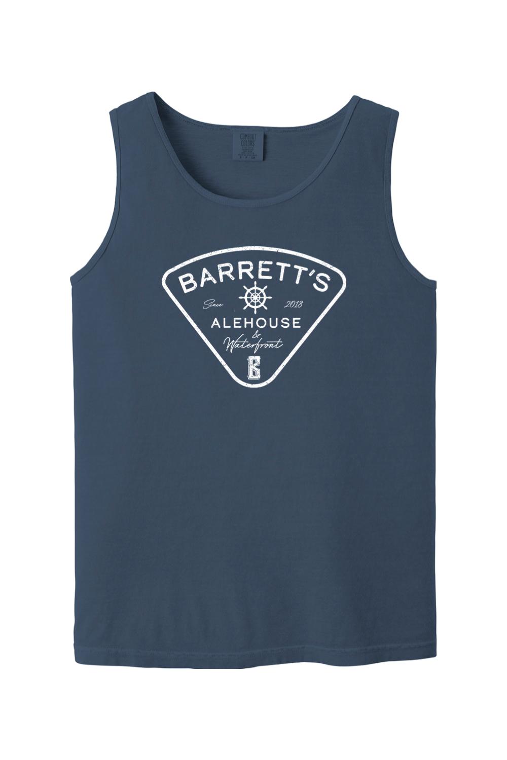 Navy blue Comfort Colors cotton tank top featuring a white Barrett's Alehouse & Waterfront logo graphic.