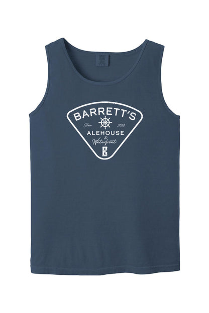 Navy blue Comfort Colors cotton tank top featuring a white Barrett's Alehouse & Waterfront logo graphic.