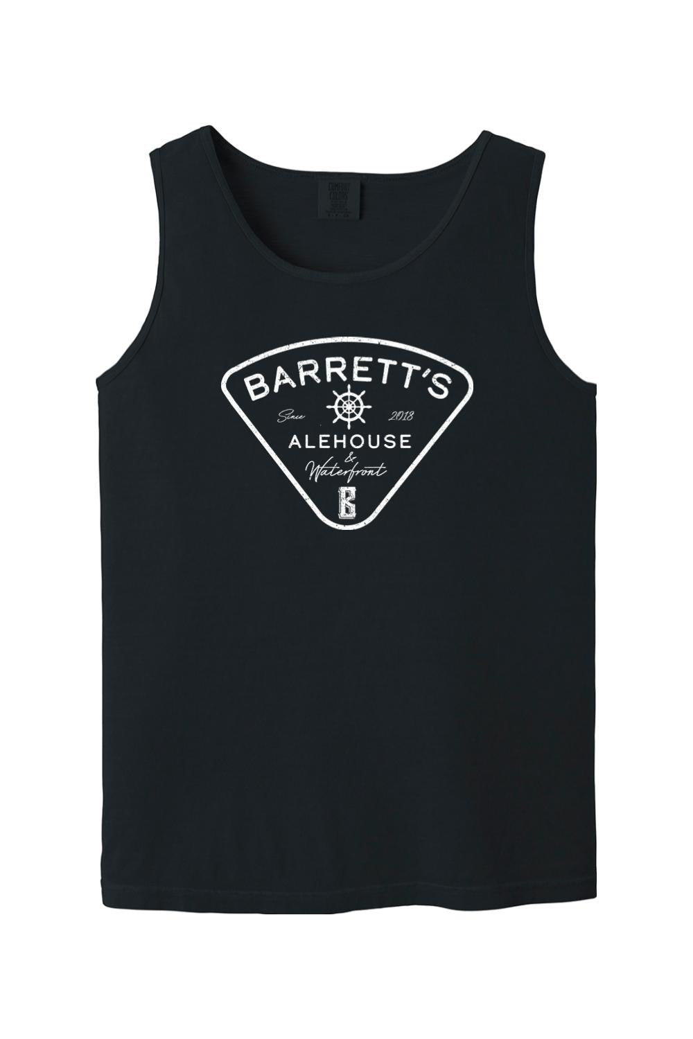 Black Comfort Colors cotton tank top featuring a white distressed Barrett's Alehouse & Waterfront logo graphic.
