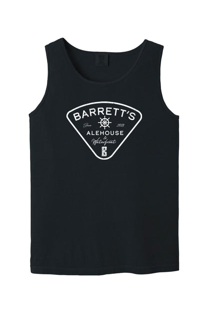 Black Comfort Colors cotton tank top featuring a white distressed Barrett's Alehouse & Waterfront logo graphic.