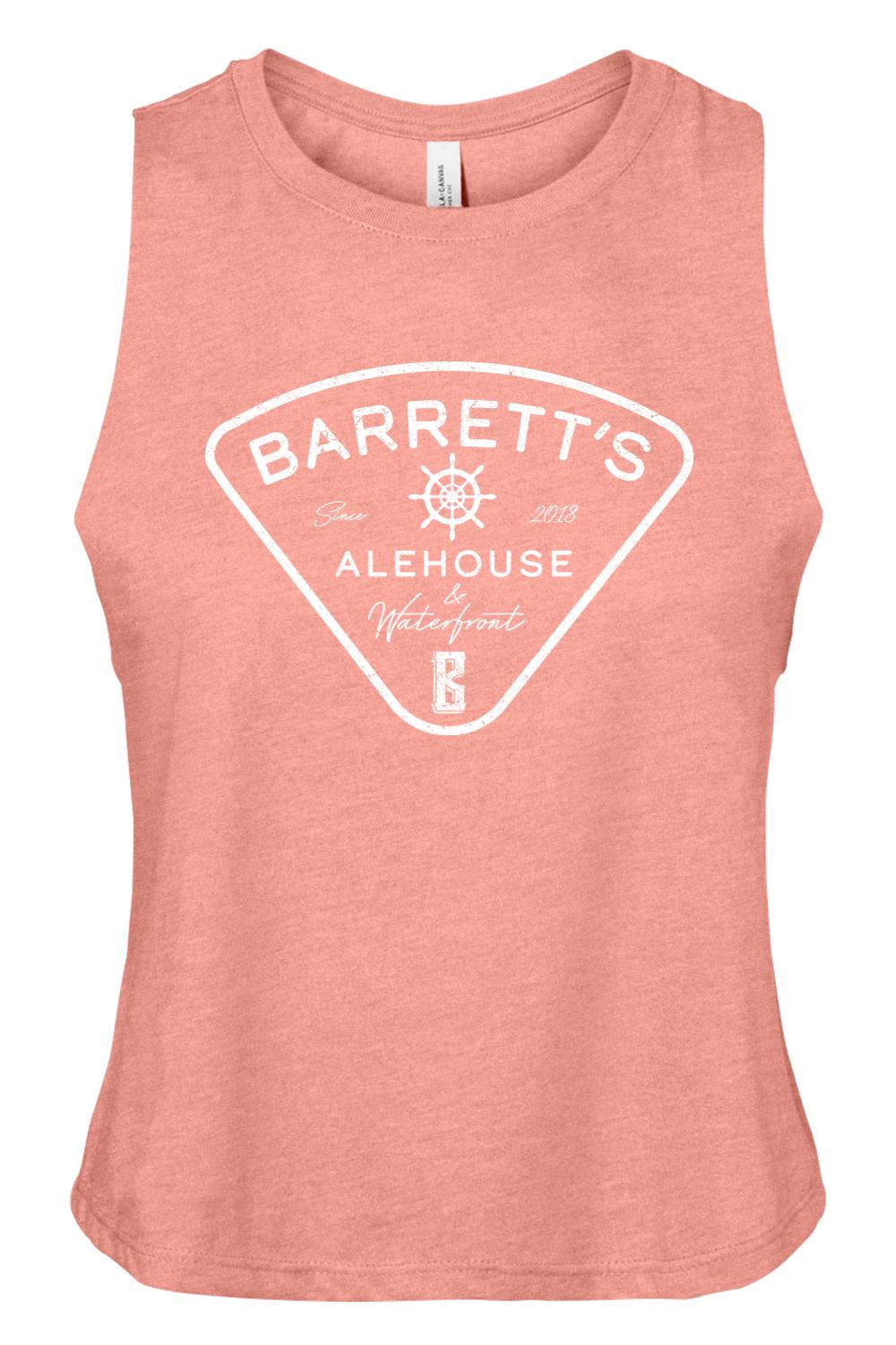 Peach-colored women's racerback cropped tank with white Barrett's Alehouse & Waterfront logo graphic.