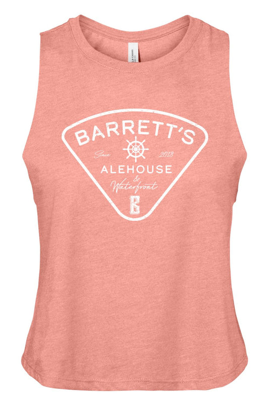 Peach-colored women's racerback cropped tank with white Barrett's Alehouse & Waterfront logo graphic.