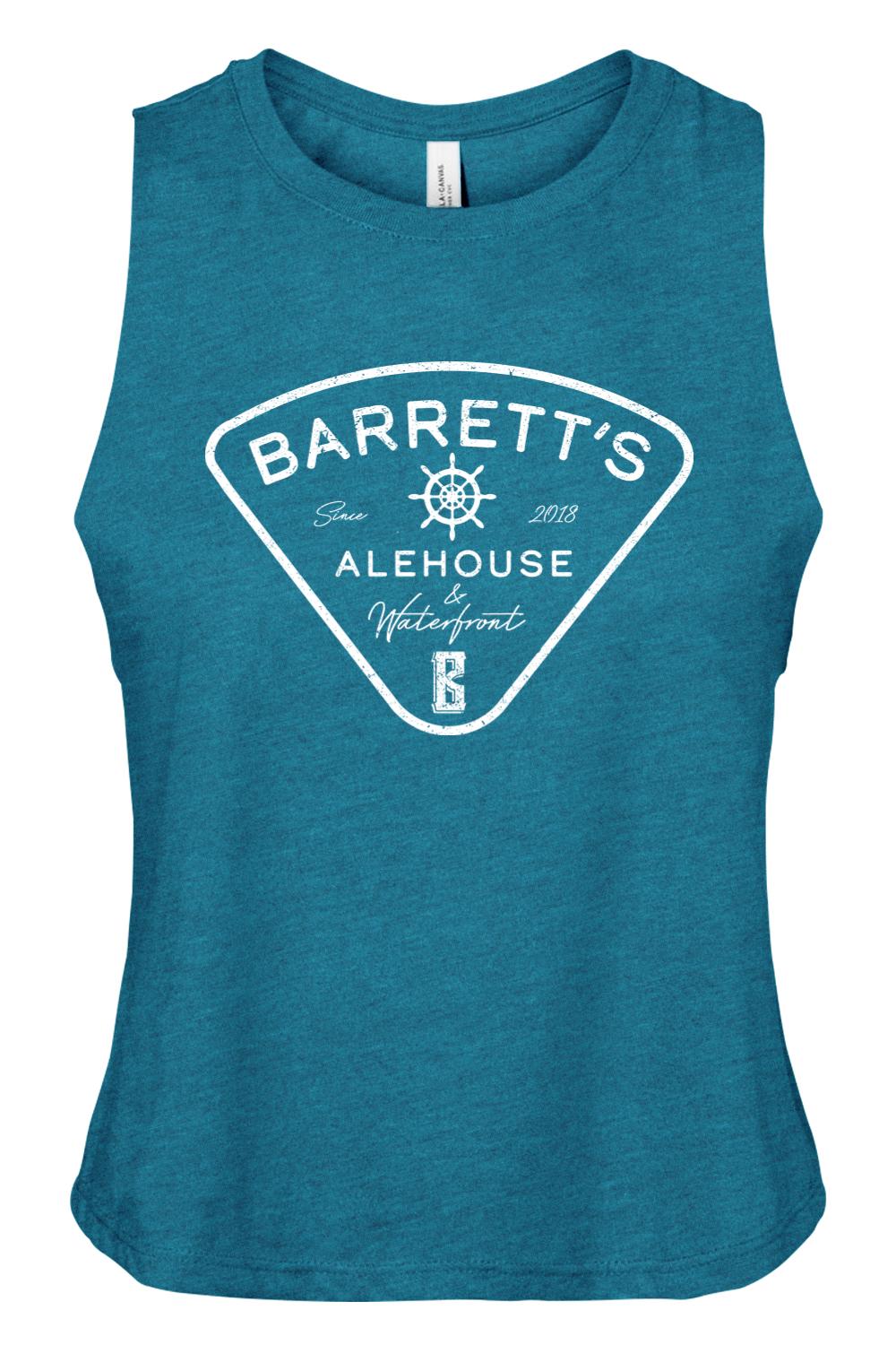 Teal heathered racerback cropped tank with white Barrett's Alehouse & Waterfront logo graphic.