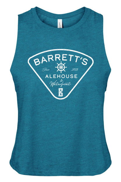 Teal heathered racerback cropped tank with white Barrett's Alehouse & Waterfront logo graphic.