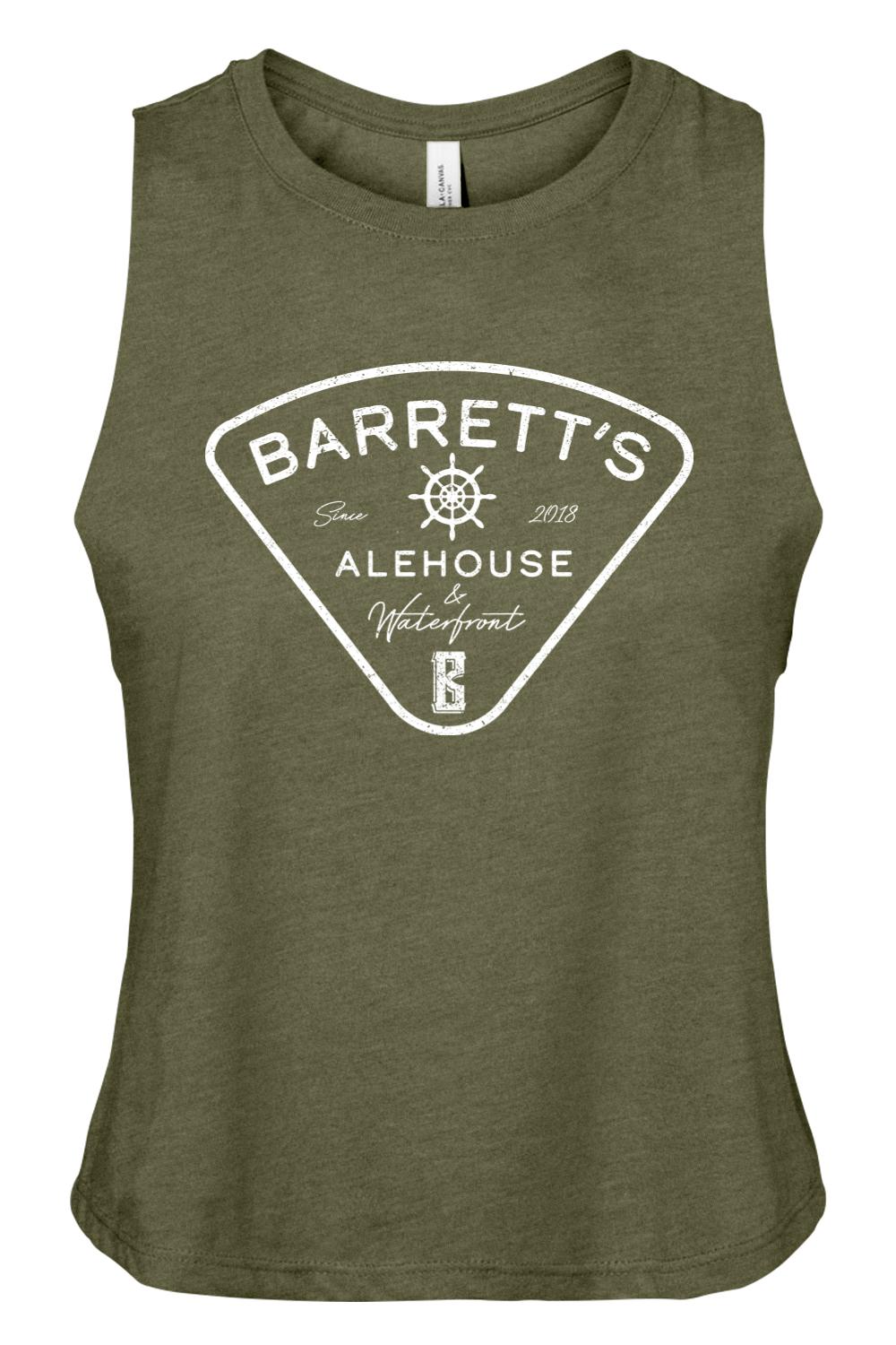 Olive green women's racerback cropped tank with a white Barrett's Alehouse & Waterfront logo graphic.