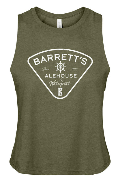 Olive green women's racerback cropped tank with a white Barrett's Alehouse & Waterfront logo graphic.