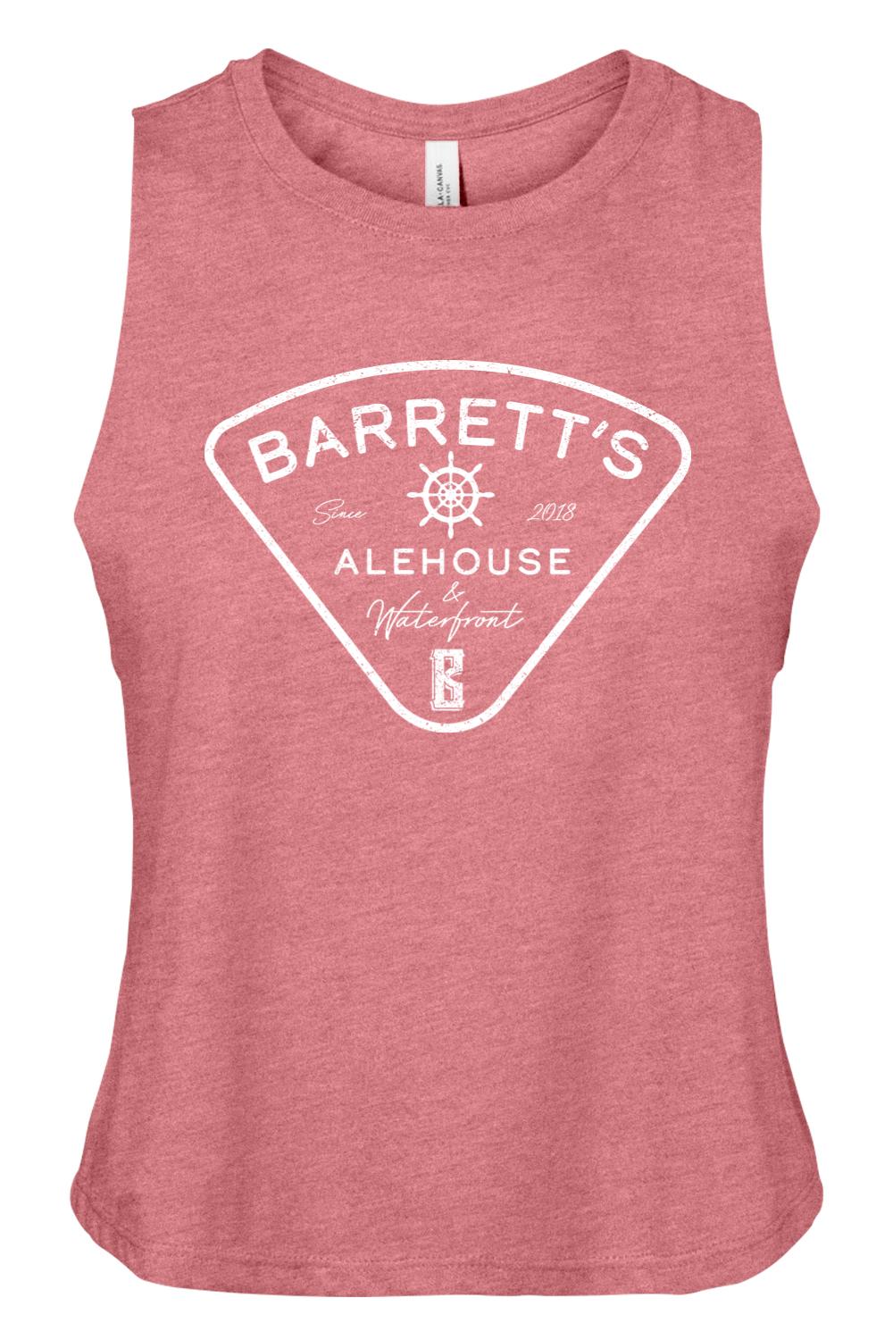 Heather red women's racerback cropped tank with white Barrett's Alehouse & Waterfront logo graphic.
