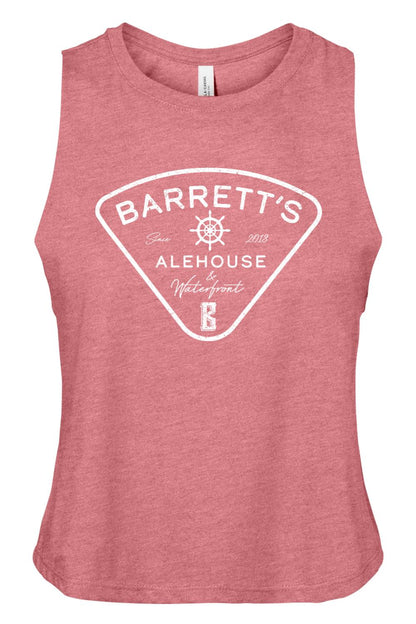 Heather red women's racerback cropped tank with white Barrett's Alehouse & Waterfront logo graphic.