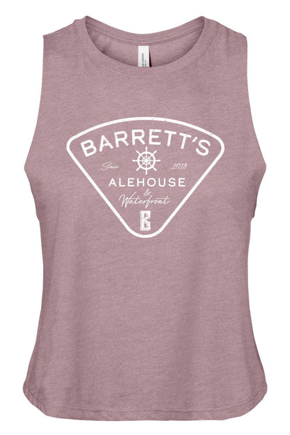 Mauve racerback cropped tank with white Barrett's Alehouse & Waterfront logo in a soft cotton-polyester jersey blend.