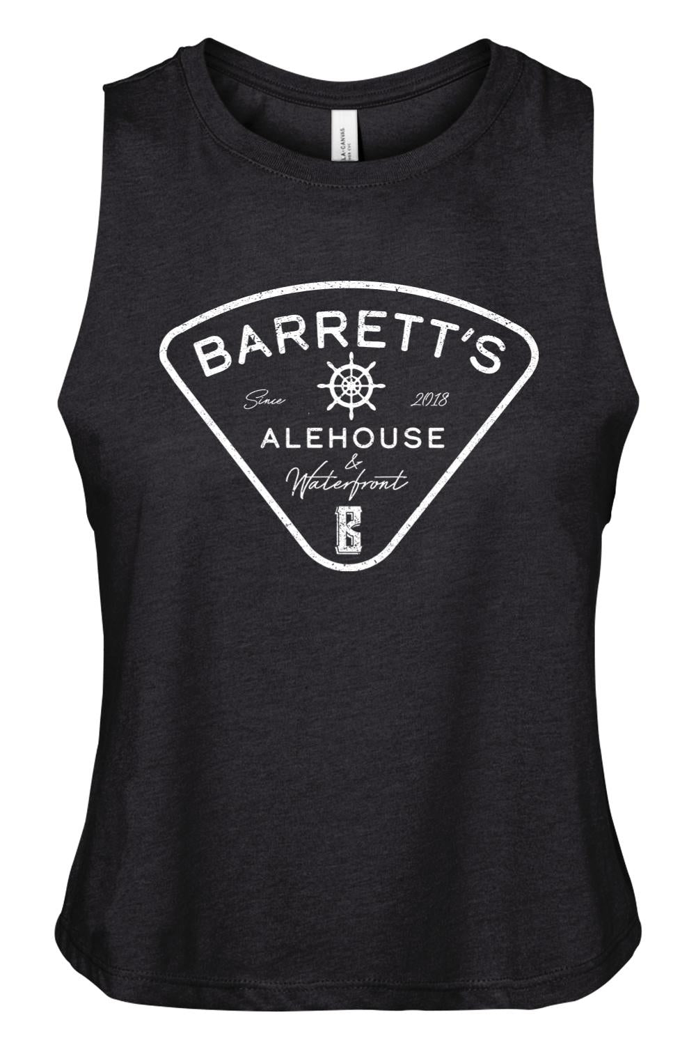 Black racerback cropped tank top with white Barrett's Alehouse & Waterfront logo print on soft cotton-blend fabric.