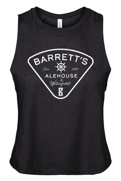 Black racerback cropped tank top with white Barrett's Alehouse & Waterfront logo print on soft cotton-blend fabric.