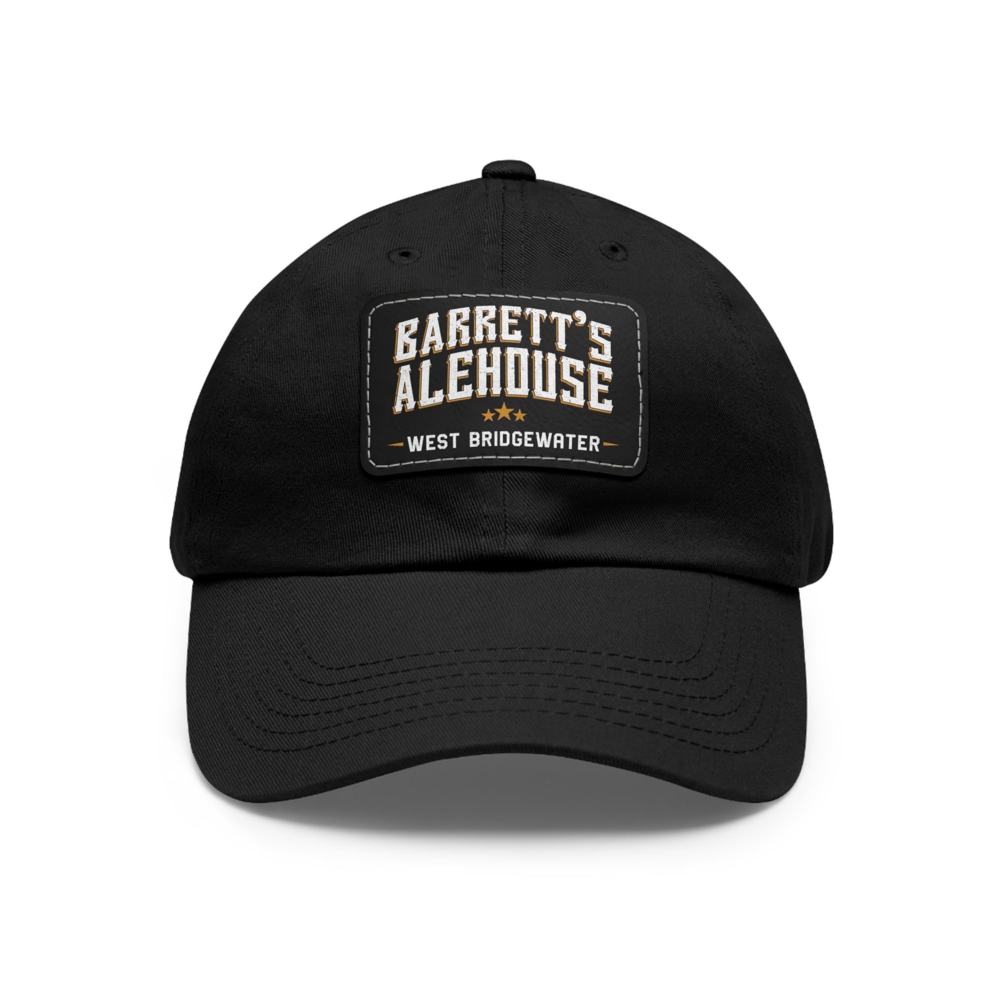 Black bio-washed chino twill dad hat with a faux leather patch featuring the Barrett's Alehouse West Bridgewater logo.