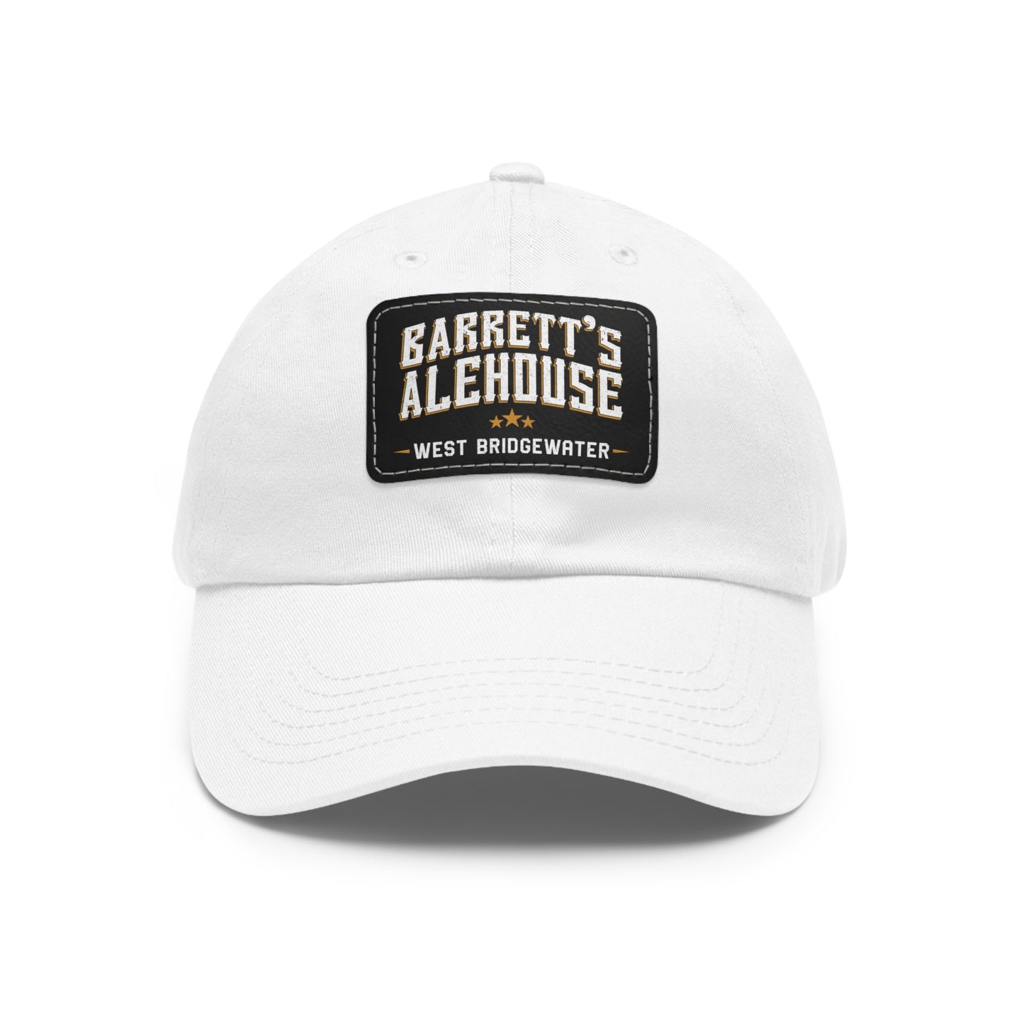 White unstructured dad hat with a black faux leather patch featuring the Barrett's Alehouse West Bridgewater logo.