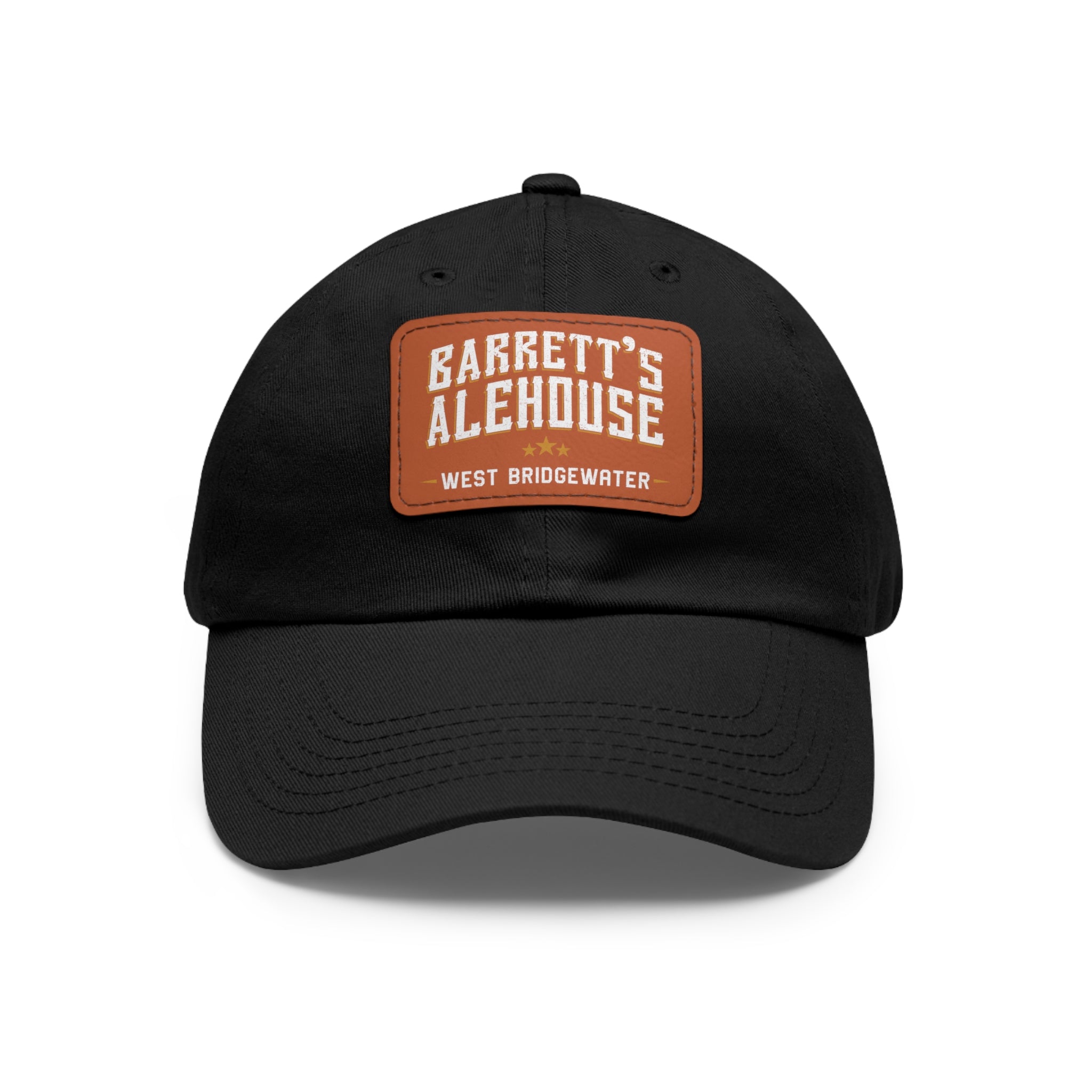 Black unstructured dad hat with a pre-curved bill and a brown faux leather patch featuring Barrett's Alehouse branding.