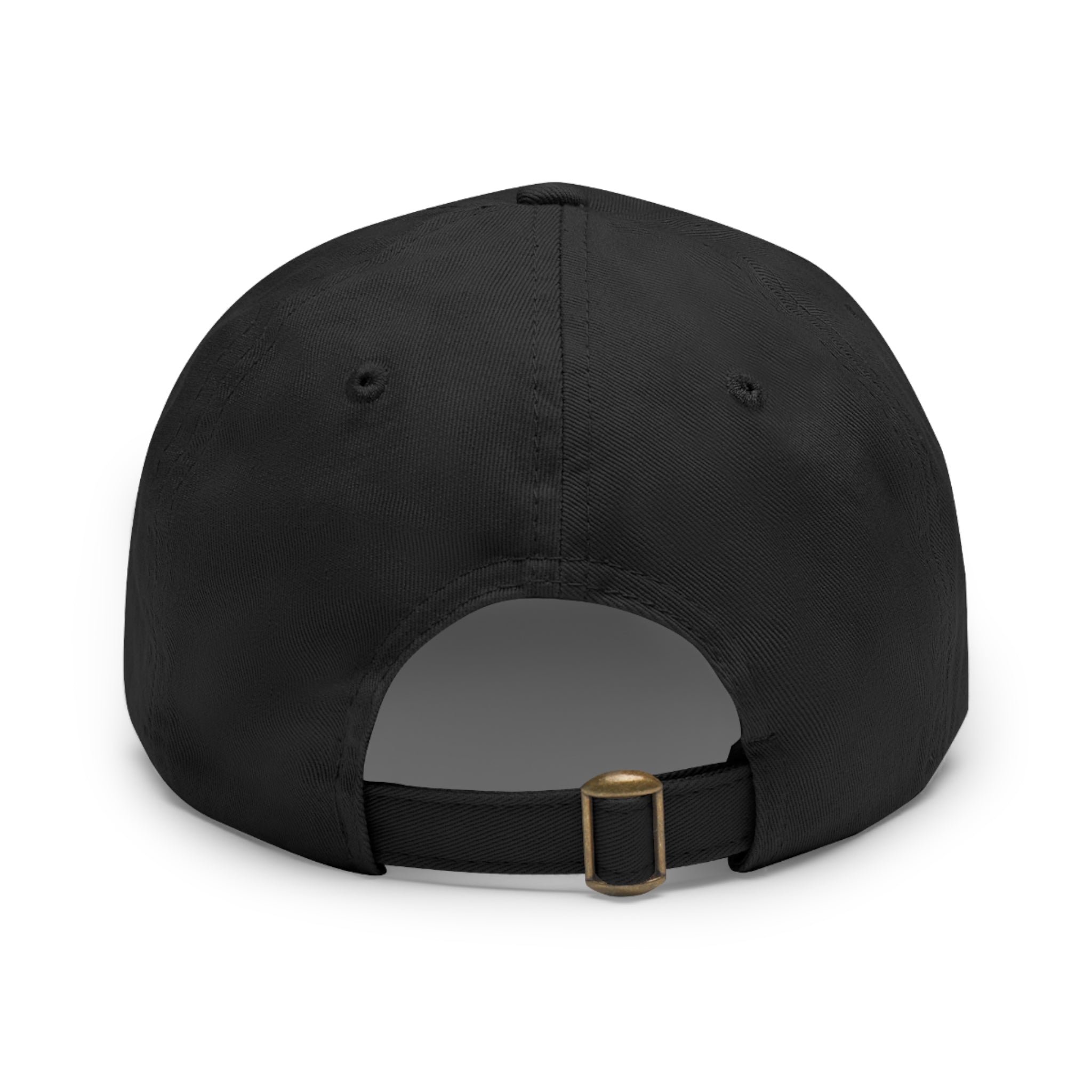 Back view of a black bio-washed chino twill dad hat with an adjustable strap and antique brass buckle.