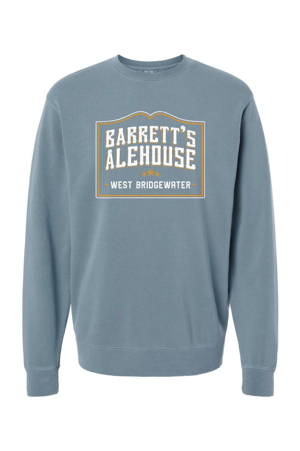 Blue pigment-dyed crewneck sweatshirt featuring a white and orange Barrett's Alehouse West Bridgewater logo.