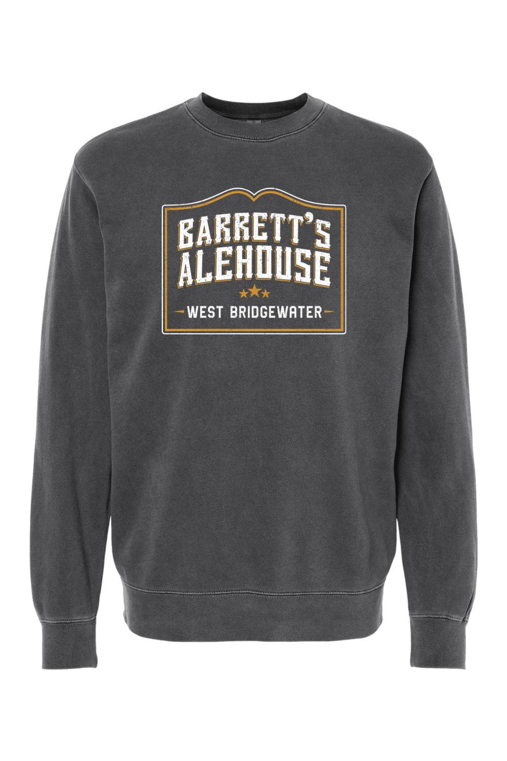 Charcoal pigment-dyed crewneck sweatshirt featuring a Barrett's Alehouse West Bridgewater graphic logo.