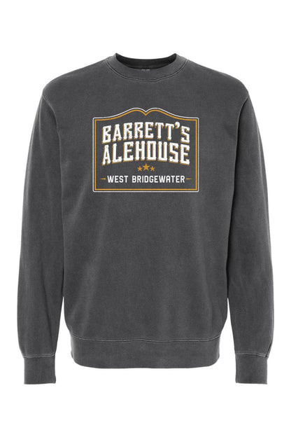 Charcoal pigment-dyed crewneck sweatshirt featuring a Barrett's Alehouse West Bridgewater graphic logo.