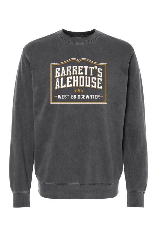 Charcoal pigment-dyed crewneck sweatshirt featuring a Barrett's Alehouse West Bridgewater graphic logo.