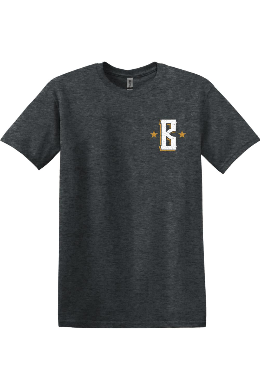 Charcoal grey cotton crewneck t-shirt featuring a white and gold Barrett's Alehouse B logo on the left chest.