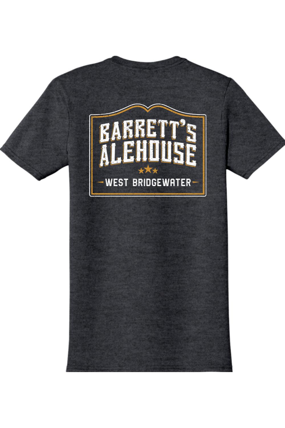 Charcoal grey cotton t-shirt featuring a white and gold Barrett's Alehouse West Bridgewater logo on the back.