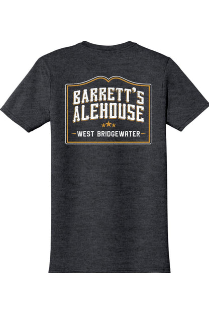Charcoal grey cotton t-shirt featuring a white and gold Barrett's Alehouse West Bridgewater logo on the back.