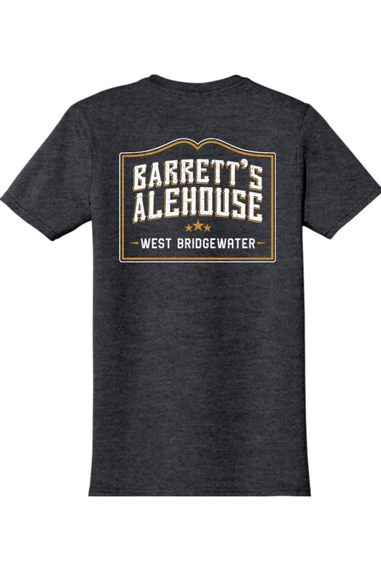 Charcoal grey cotton t-shirt featuring a white and gold Barrett's Alehouse West Bridgewater logo on the back.