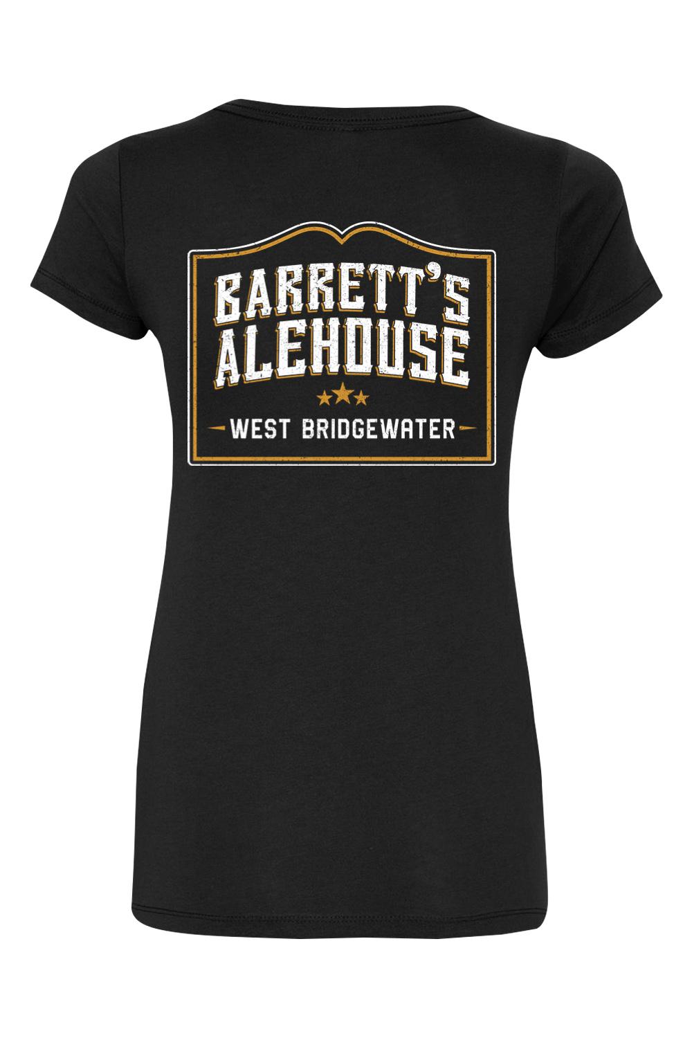 Black women's V-neck t-shirt featuring a distressed Barrett's Alehouse West Bridgewater logo in white and gold.