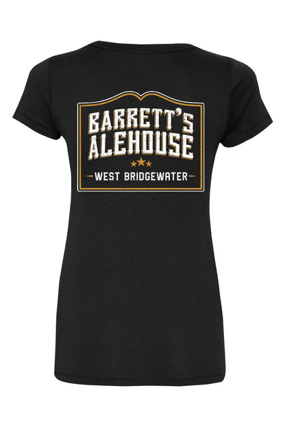 Black women's V-neck t-shirt featuring a distressed Barrett's Alehouse West Bridgewater logo in white and gold.
