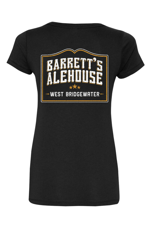 Black women's V-neck t-shirt featuring a distressed Barrett's Alehouse West Bridgewater logo in white and gold.