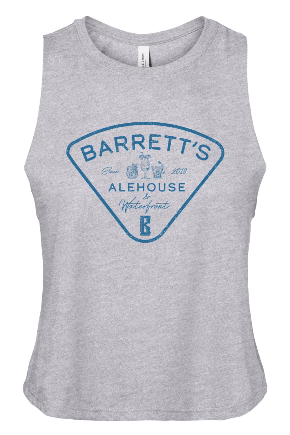 Grey heather racerback cropped tank top featuring a blue Barrett's Alehouse & Waterfront logo graphic.