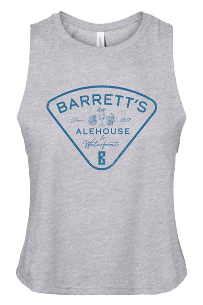 Grey heather racerback cropped tank top featuring a blue Barrett's Alehouse & Waterfront logo graphic.