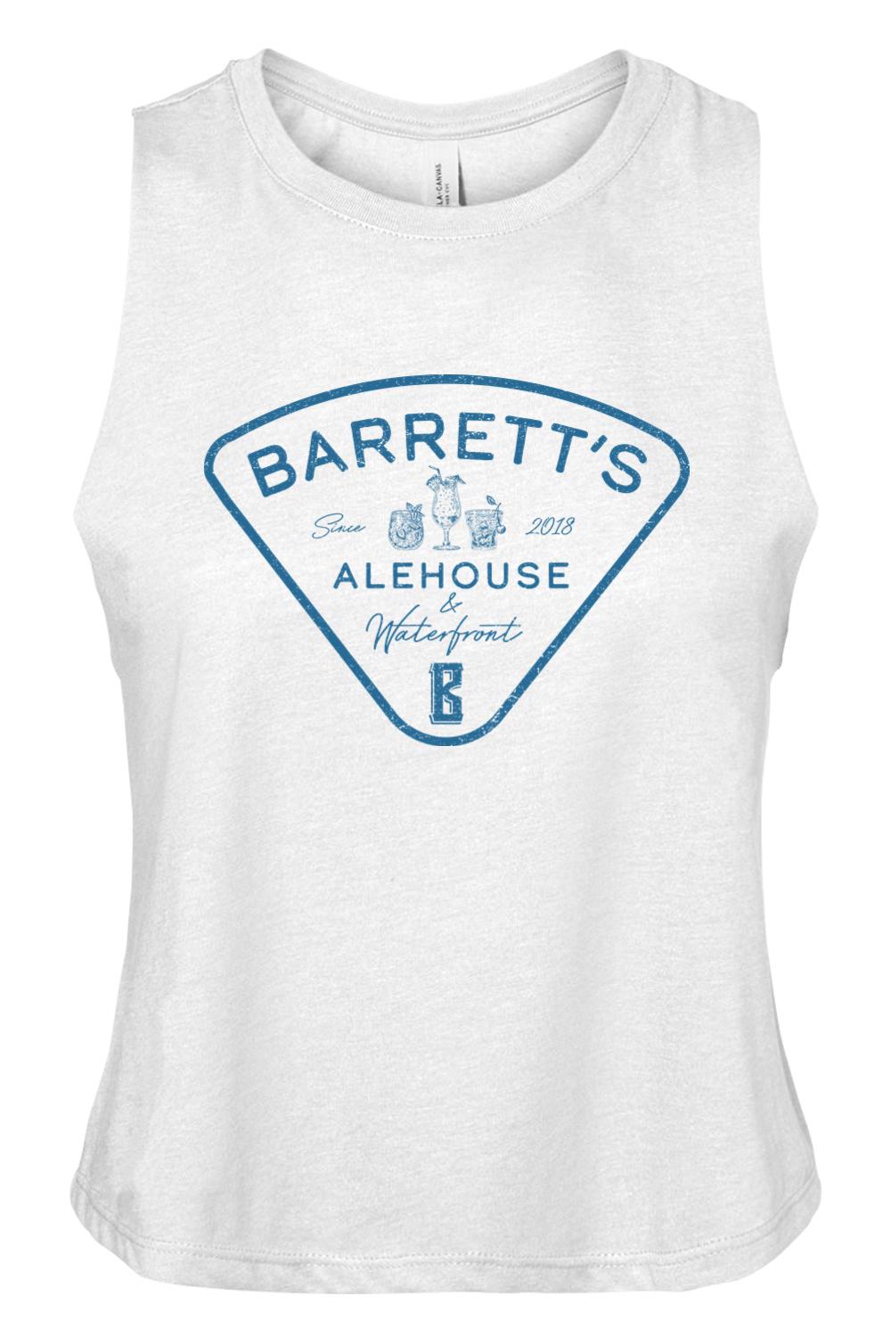 White women's racerback cropped tank with blue Barrett's Alehouse & Waterfront logo graphic on front.
