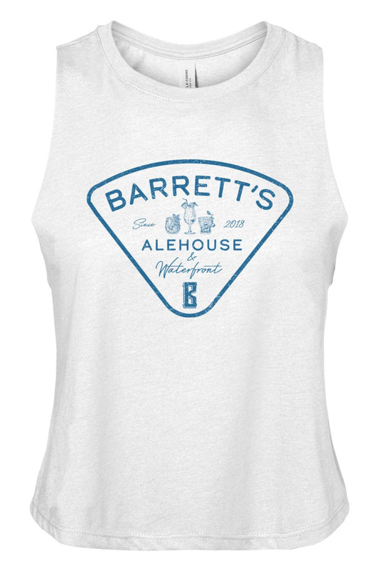 White women's racerback cropped tank with blue Barrett's Alehouse & Waterfront logo graphic on front.