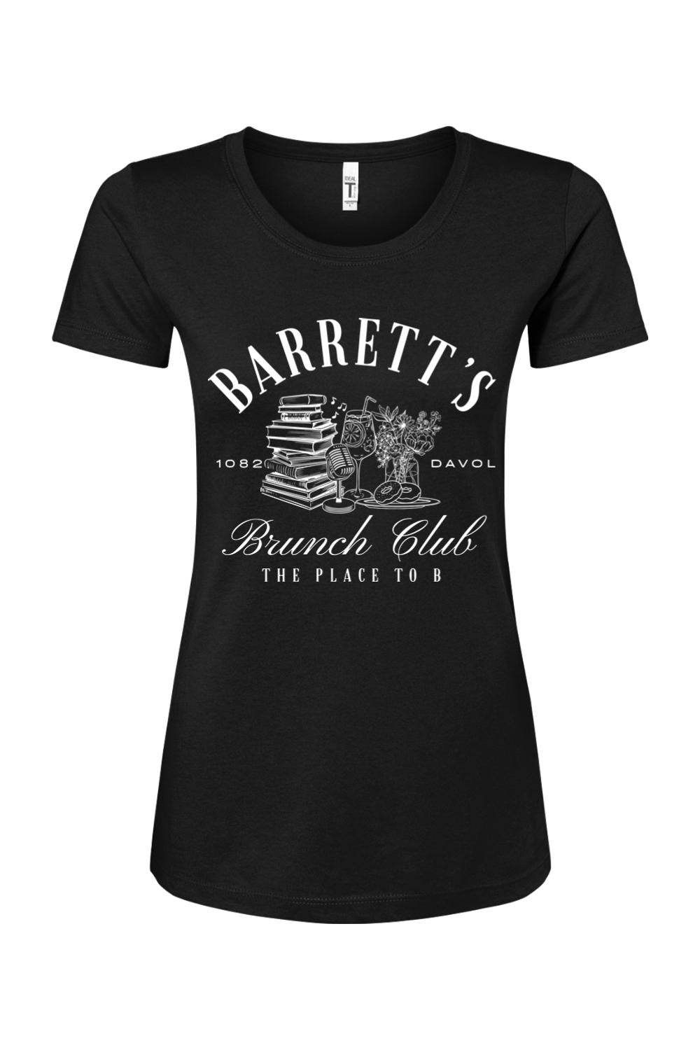 Black women's cotton blend t-shirt featuring a white Barrett's Brunch Club graphic with books and brunch illustrations.