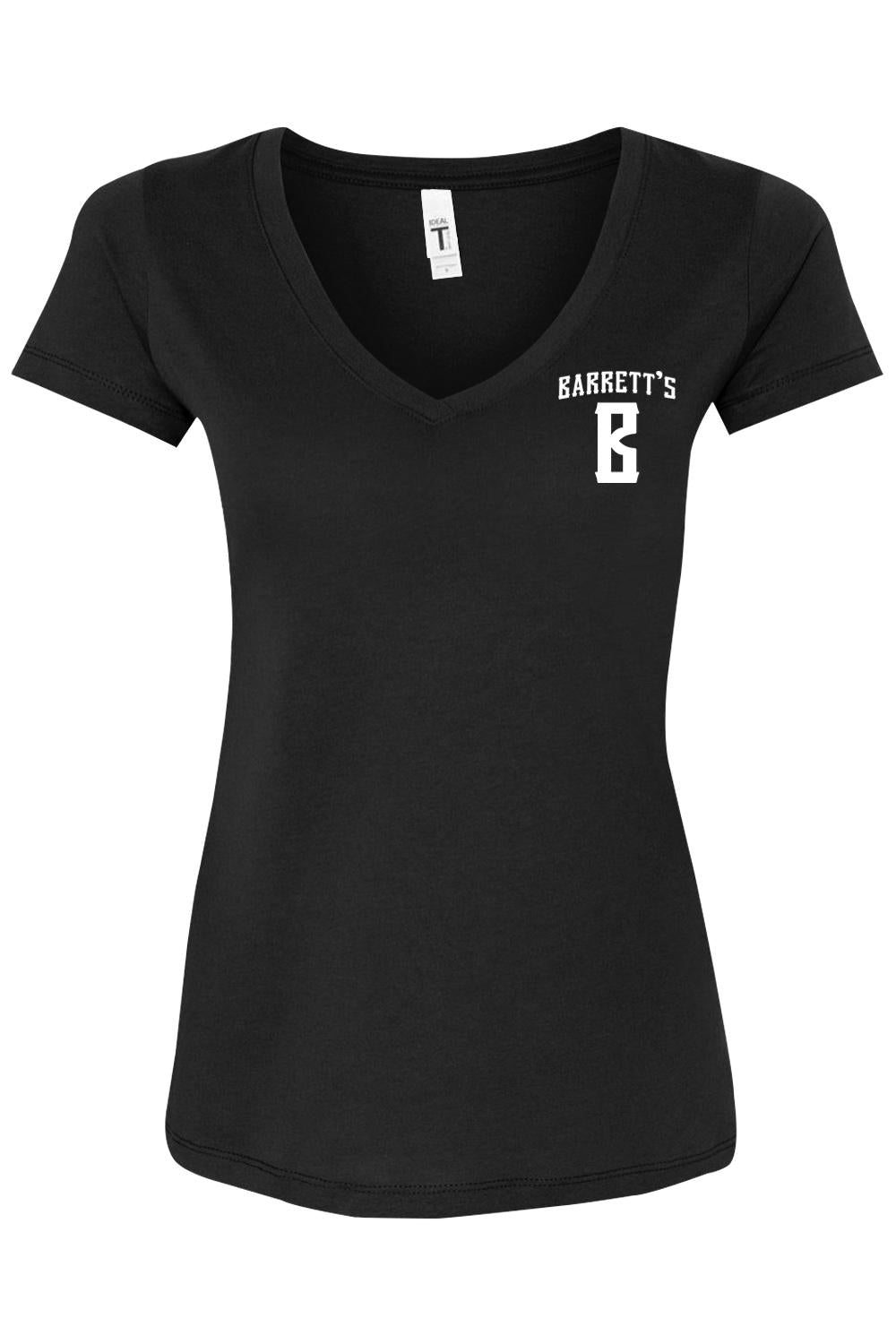 Women's black cotton blend V-neck T-shirt featuring a white Barrett's logo on the left chest.
