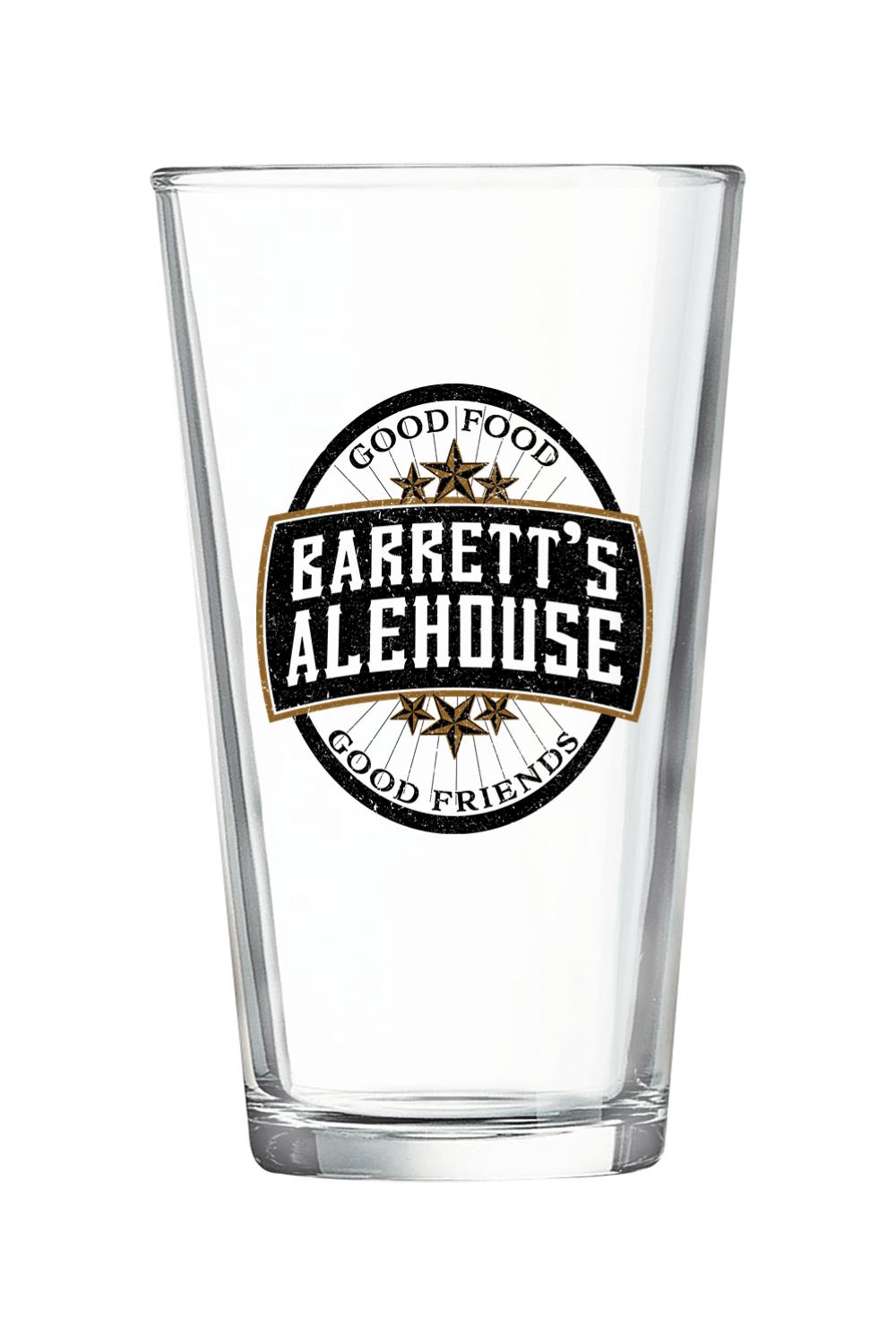 Clear 16oz pint glass featuring a black and gold Barrett's Alehouse logo with stars and Good Food, Good Friends text.