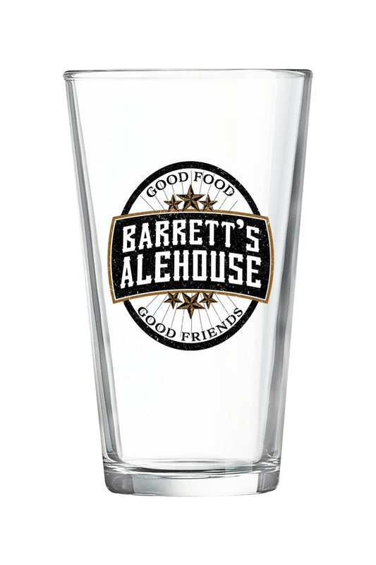 Clear 16oz pint glass featuring a black and gold Barrett's Alehouse logo with stars and Good Food, Good Friends text.