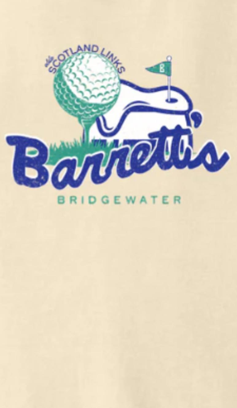 Cream-colored Comfort Colors cotton t-shirt featuring a blue and green Barrett's Olde Scotland Links golf logo.