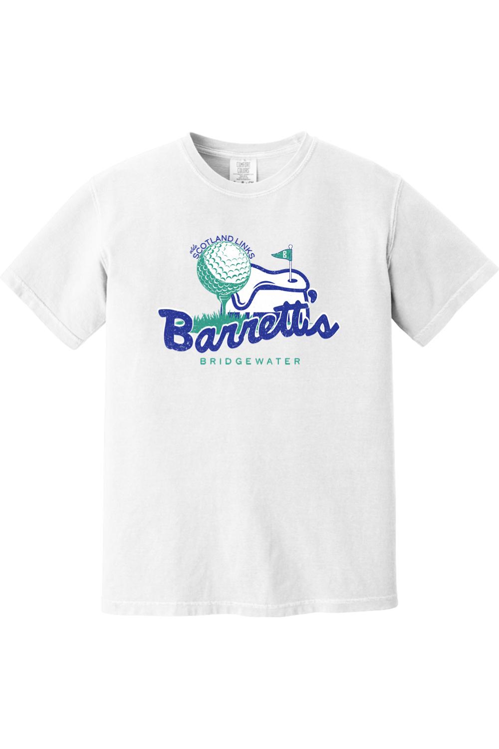 White Comfort Colors cotton t-shirt featuring a blue and green Barrett's Olde Scotland Links golf graphic on the chest.