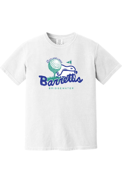 White Comfort Colors cotton t-shirt featuring a blue and green Barrett's Olde Scotland Links golf graphic on the chest.