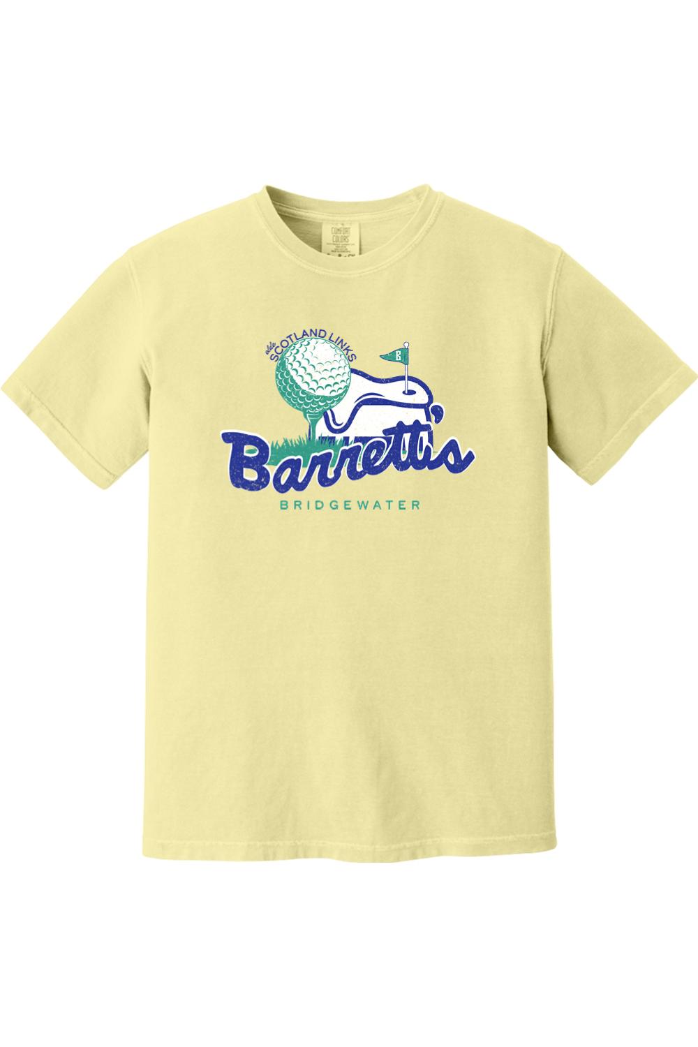 Pale yellow Comfort Colors cotton t-shirt featuring a blue and green Barrett's Olde Scotland Links golf graphic.