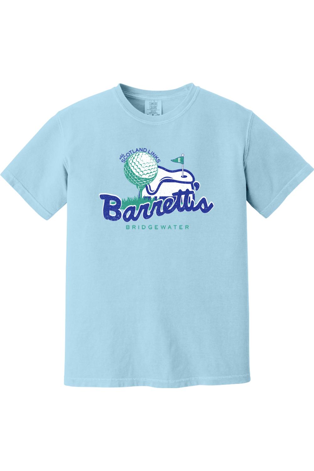 Light blue Comfort Colors cotton t-shirt featuring a Barrett's Olde Scotland Links golf graphic on the chest.