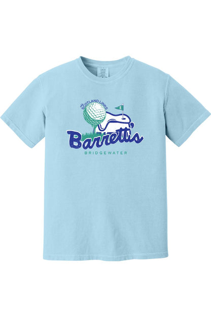 Light blue Comfort Colors cotton t-shirt featuring a Barrett's Olde Scotland Links golf graphic on the chest.