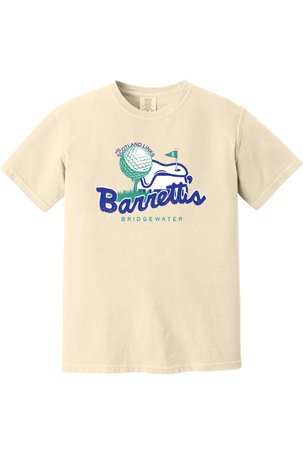 Cream-colored Comfort Colors cotton t-shirt featuring a blue and green Barrett's Olde Scotland Links golf graphic.