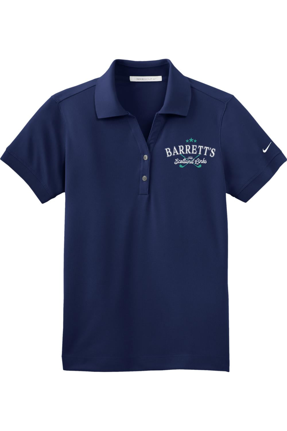 Navy blue Nike women's Dri-FIT golf polo featuring the Barrett's Olde Scotland Links logo on the chest.