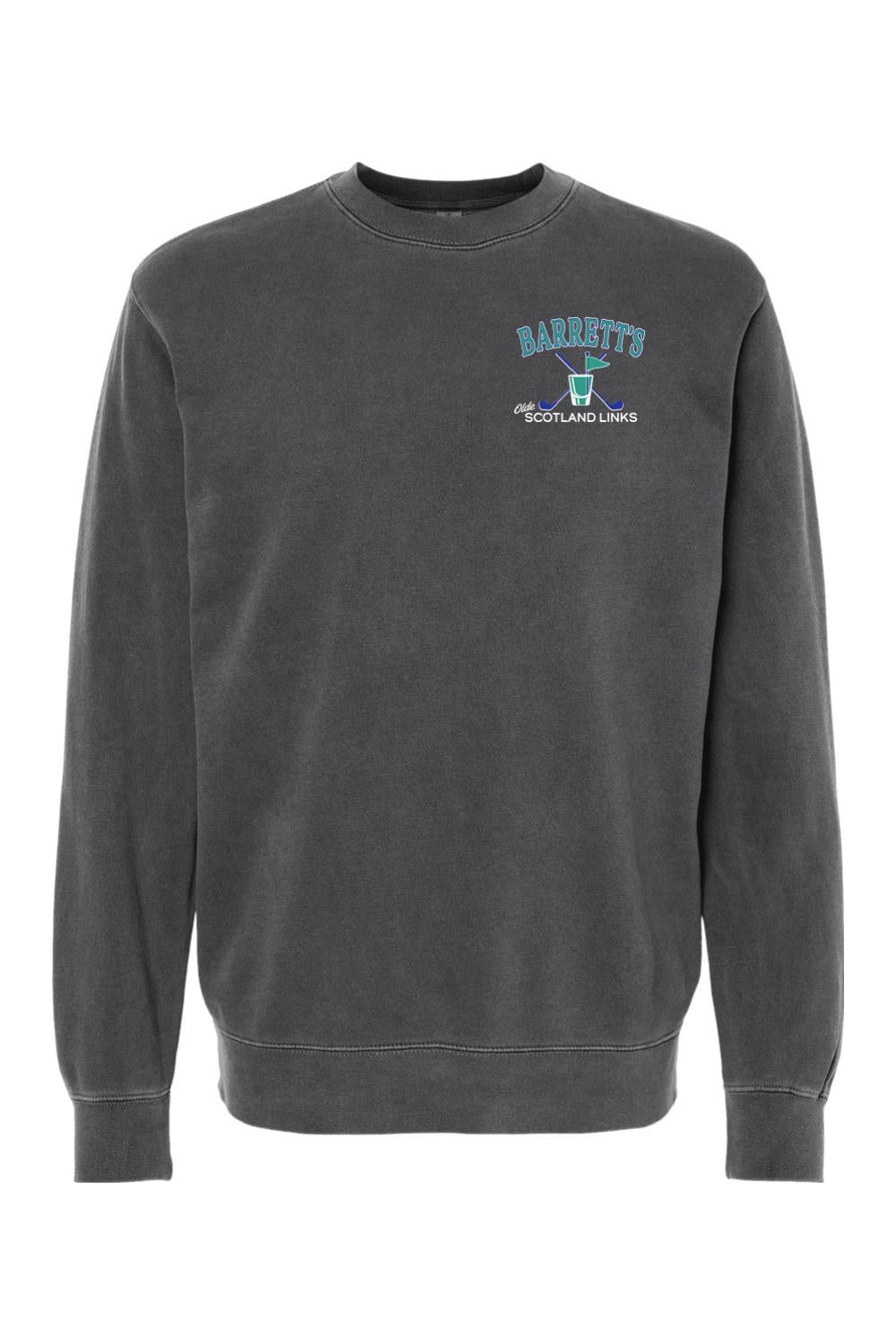 Charcoal grey pigment-dyed crewneck sweatshirt with Barrett's Olde Scotland Links logo on the chest.