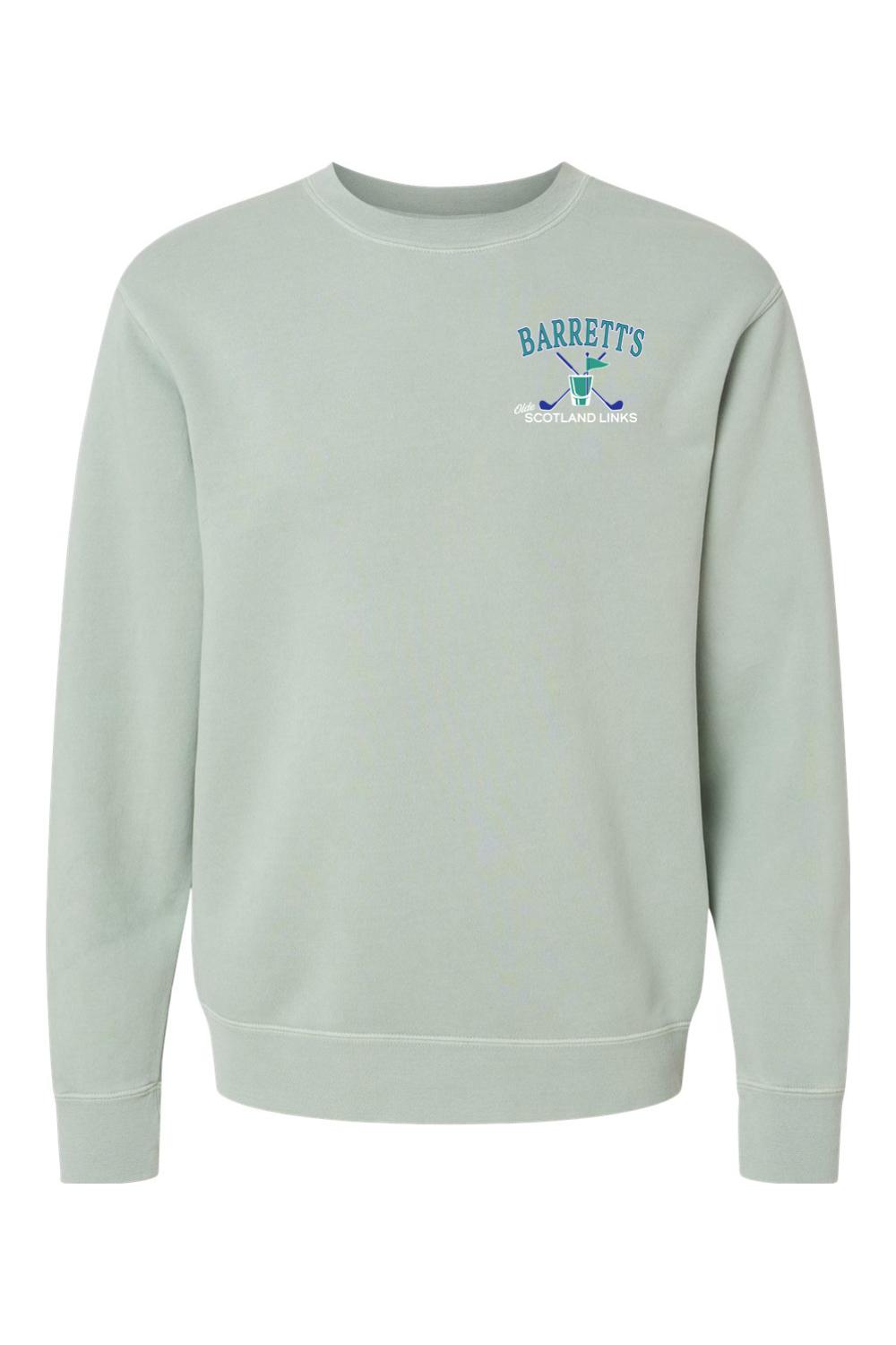 Sage green pigment-dyed crewneck sweatshirt with Barrett's Olde Scotland Links golf logo on the chest.